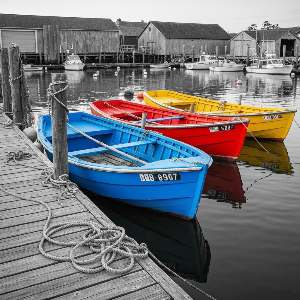 Colorful Fishing Boats in Monochromatic Harbor
