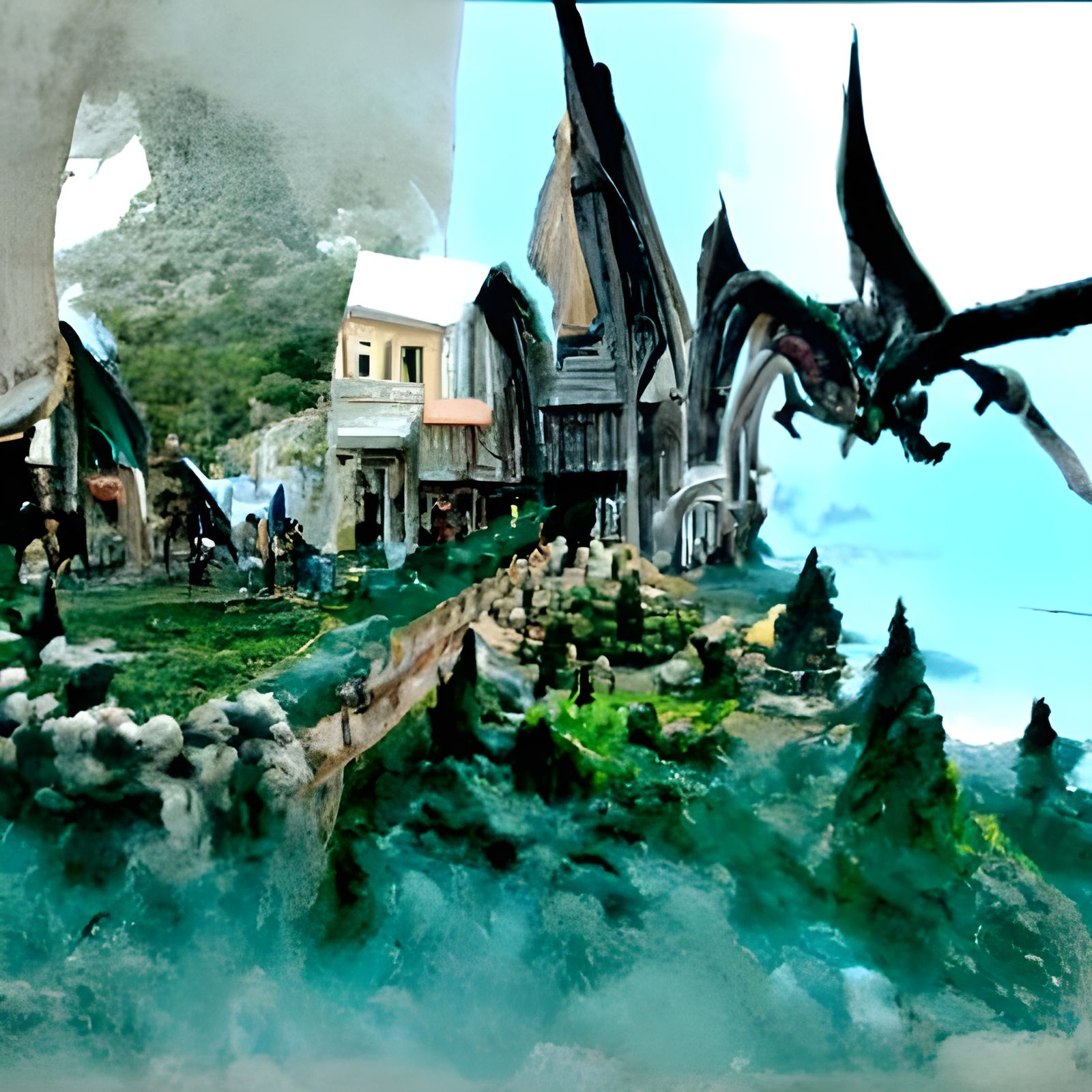 Fantasy Dragon Attacks Elven Town: Matte Painting