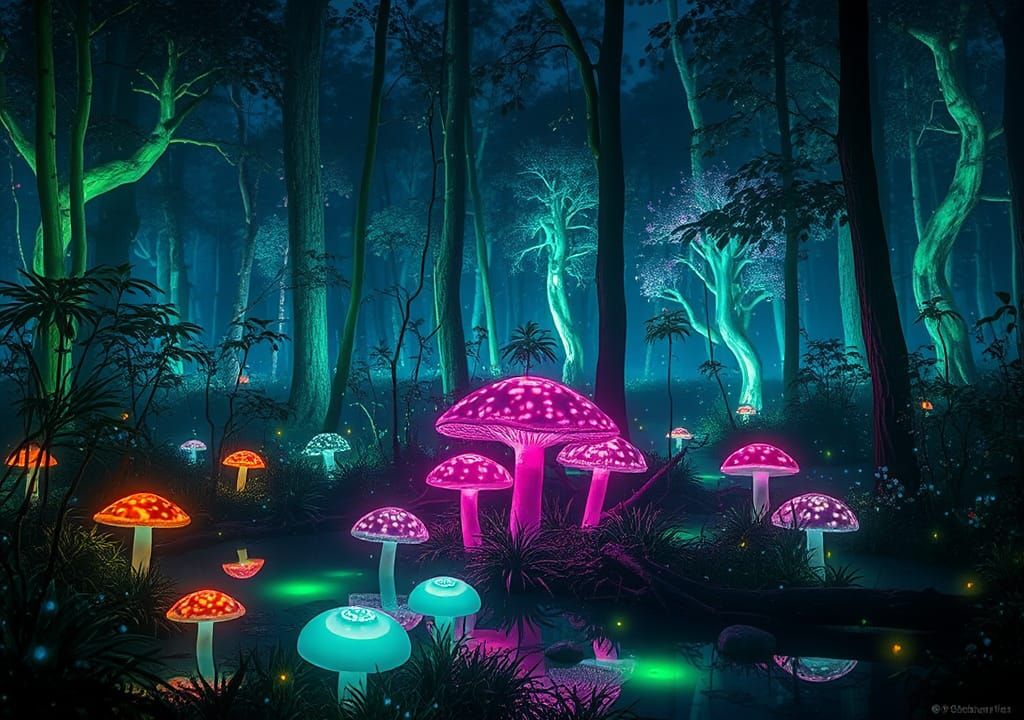Neon Bioluminescent Forest at Midnight