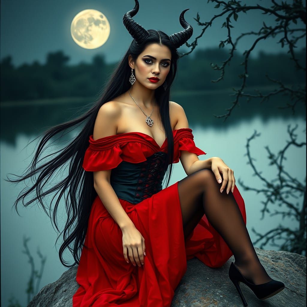 Goddess with Black Hair and Red Corset by Lake