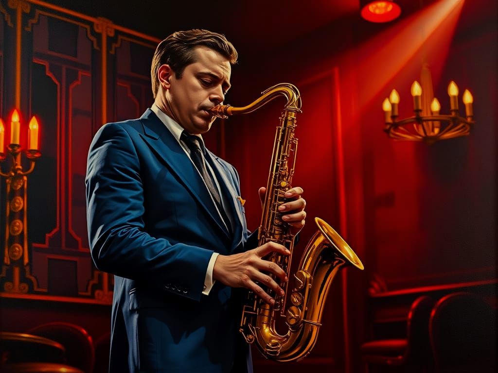 Art Deco Saxophonist in Smoky Jazz Club