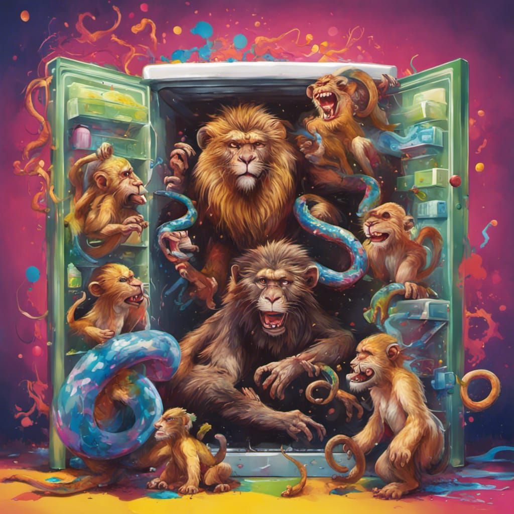 Monkeys Playing Volleyball in Refrigerator, Graffiti Art