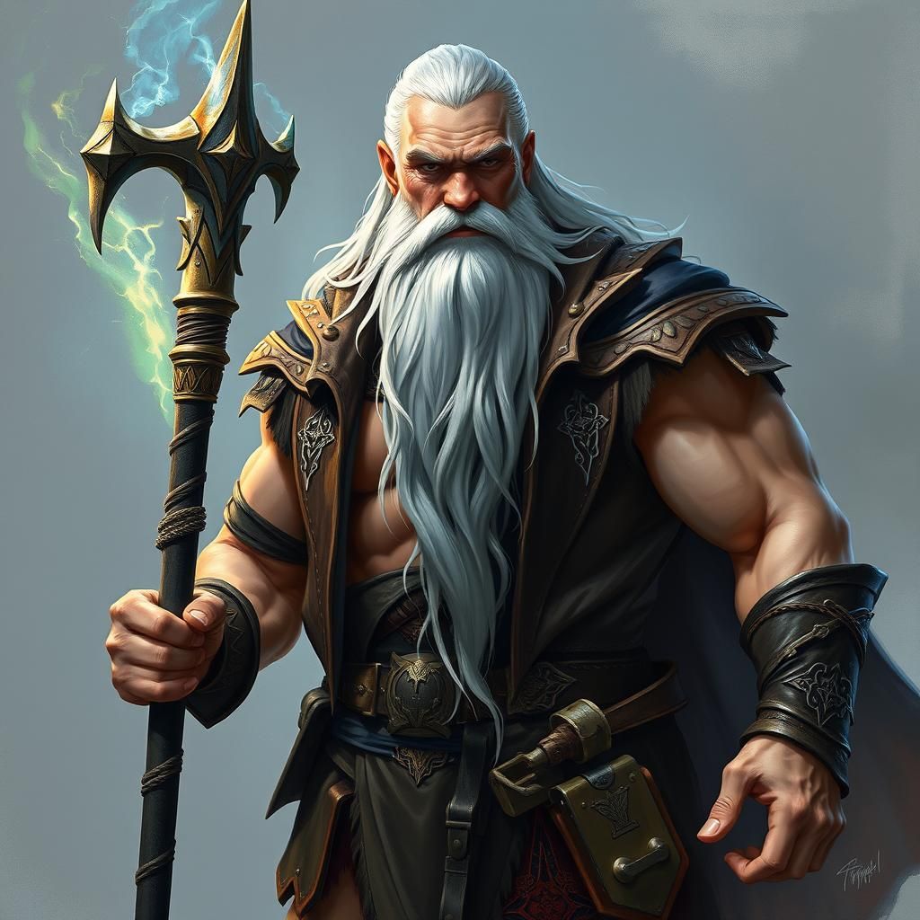 Muscular Wizard with Elemental Staff, Fantastical Realism