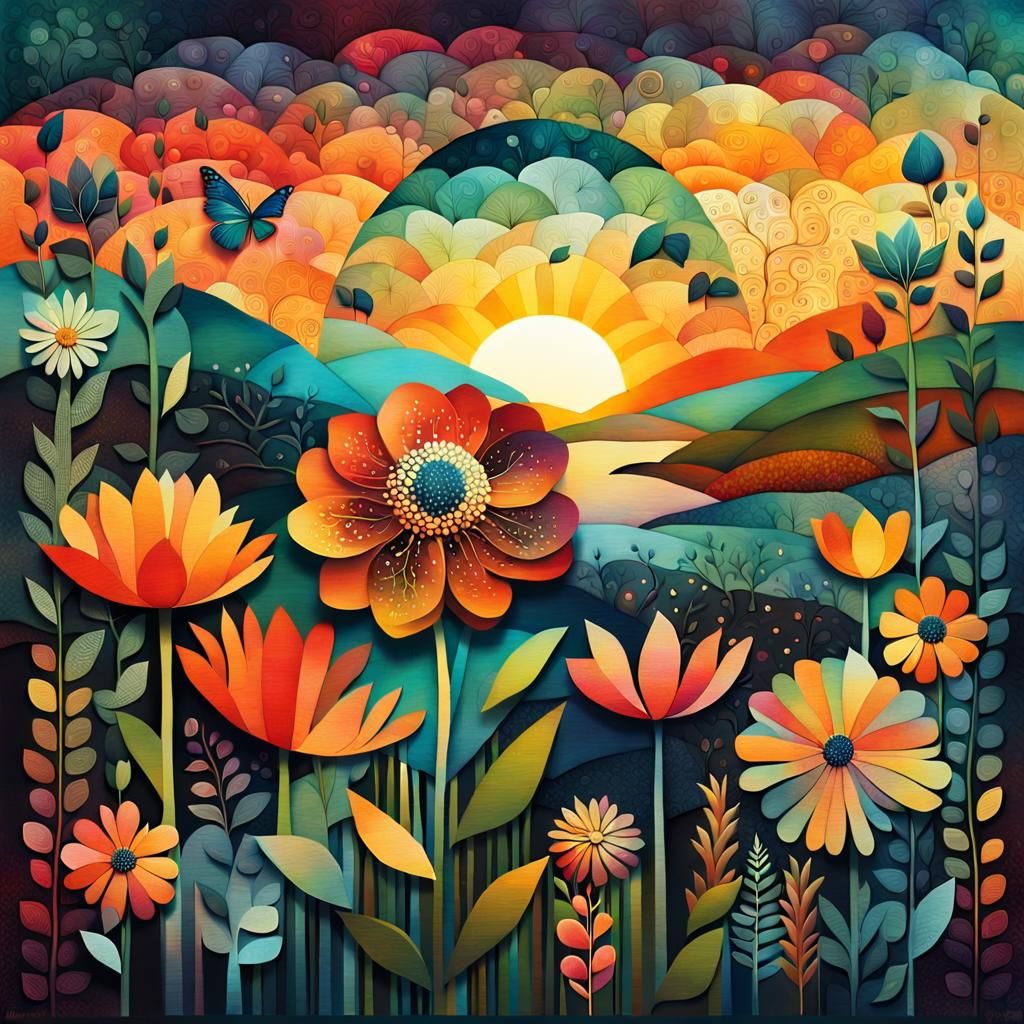 Vivid Floral Collage in 8K with Sunset Silhouette