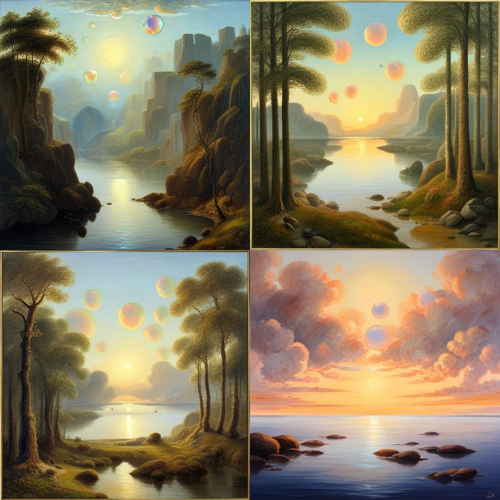 Sunlit Landscape with Giant Bubbles and Godrays