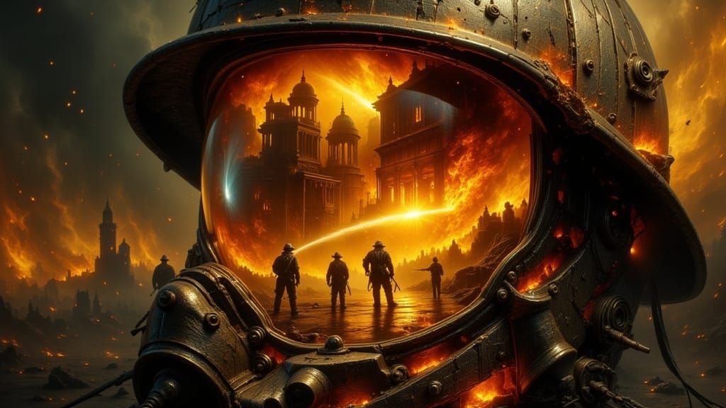 Golden Firefighter Helmet Reflection: Burning Scenes