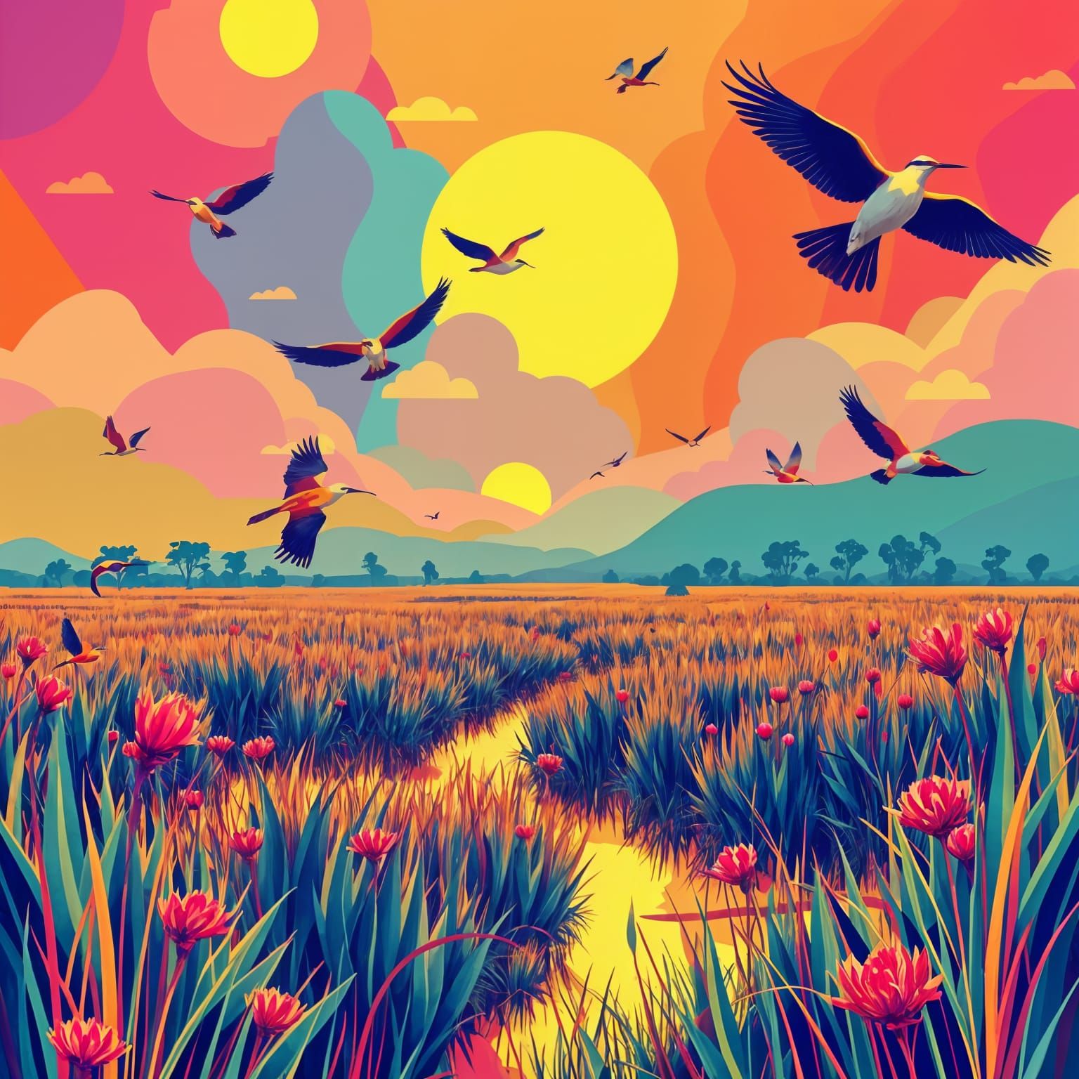 Vibrant Prairie Wetlands Scene with Exotic Birds in Flight