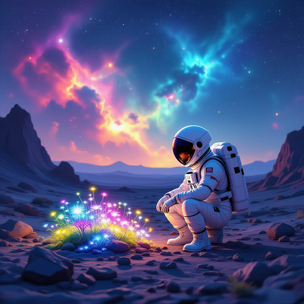 Astronaut Tends Alien Garden Under Nebula Sky
