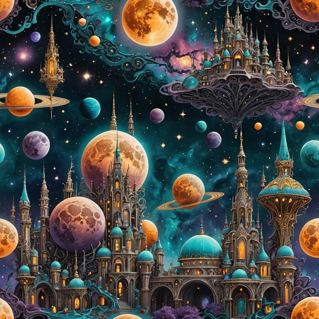 Cosmic Cityscape with Vibrant Nebula and Ornate Details