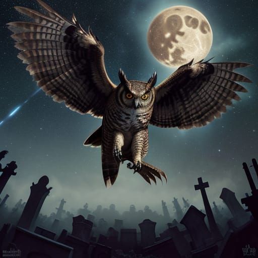 Owl Attacks Skeleton in Occult Graveyard
