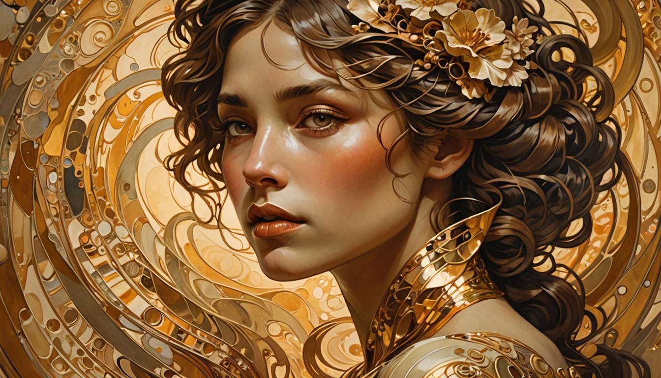 Surreal Woman's Portrait with Guitar in Art Nouveau Style