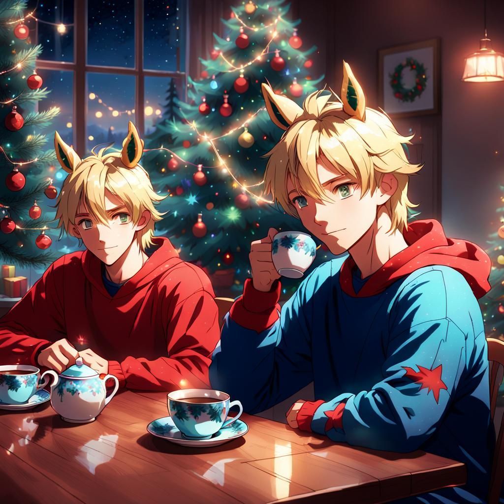 Surreal Anime Scene with Boys in Red and Blue Pajamas Drinki...