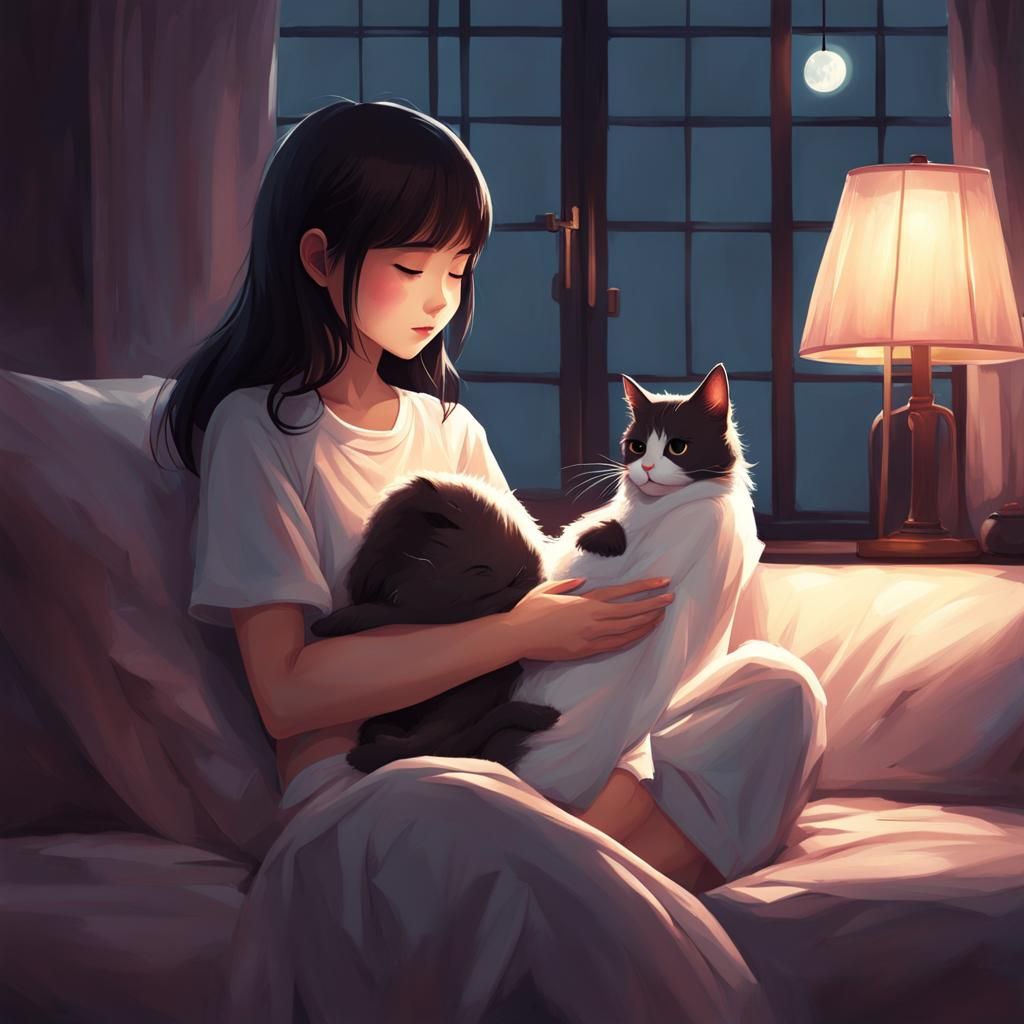 Lonely Girl's Love: Digital Art of Child and Cat