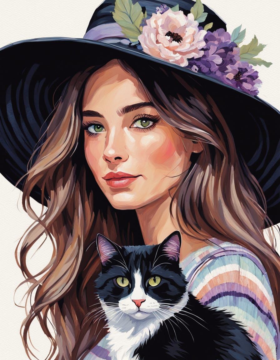 Clipart Girl With Flower Hat and Cat