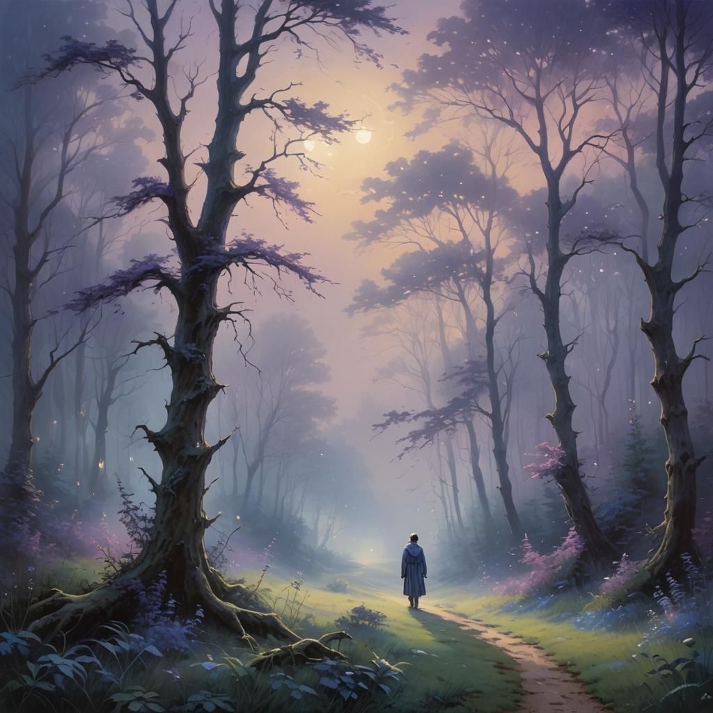 Ethereal Figure in Twilight Forest: Dreamlike Oil Painting