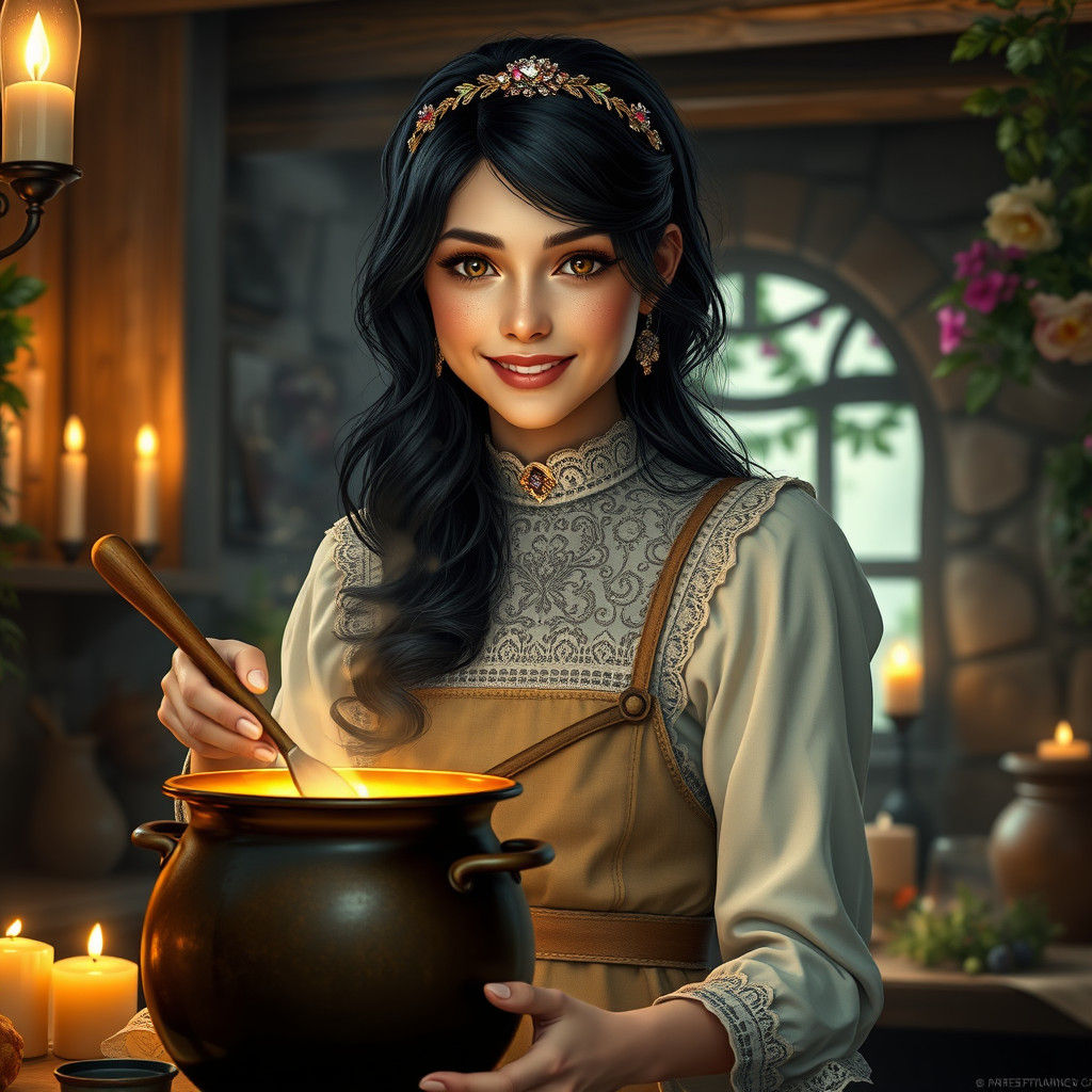 Magical Woman Stirring Cauldron, Art Nouveau Portrait