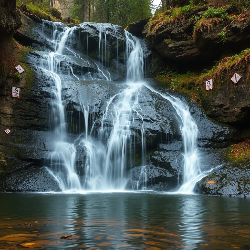 Waterfall with Whimsical Patterns in Midjourney Raw Style