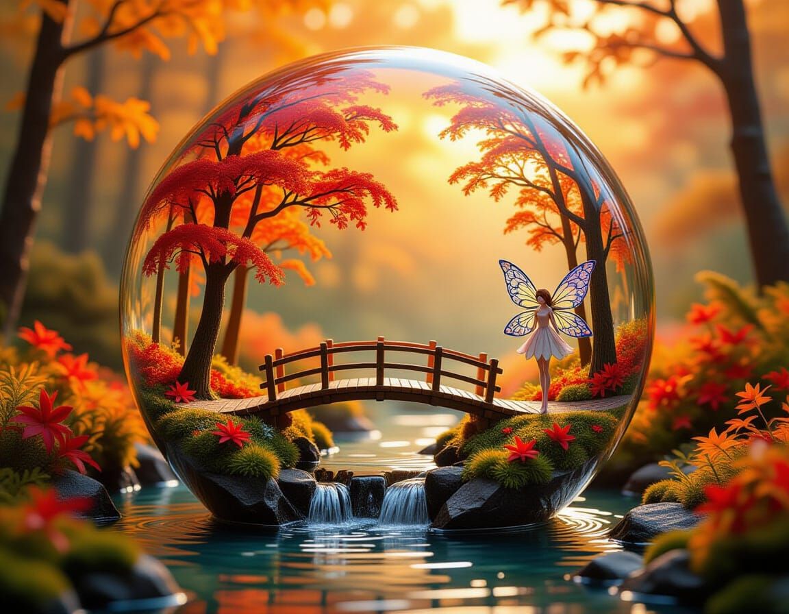 Miniature Autumn Fairy World in Glass Sphere, Acrylic Painti...
