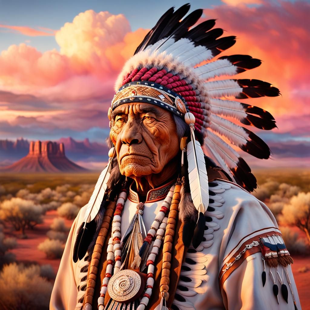 Feline Native American Chief in Desert Landscape