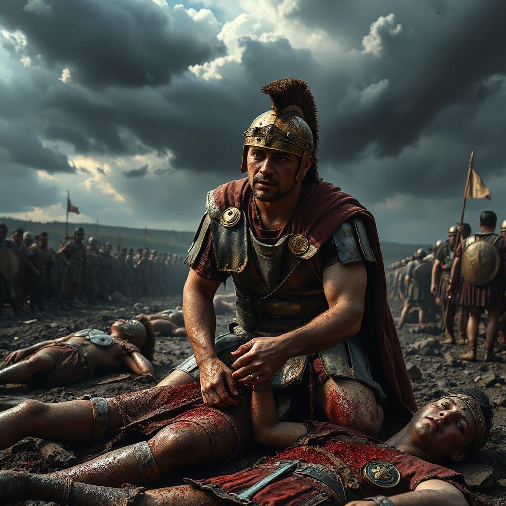 Roman Centurion Mourns Fallen Comrade in War-Torn Landscape