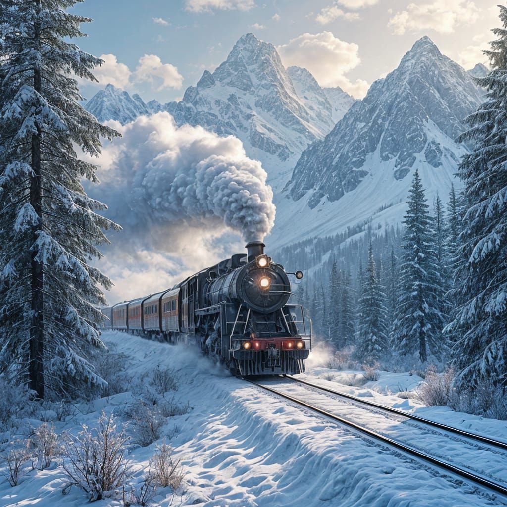 Train Chugs Through Serene Snowy Mountainscape