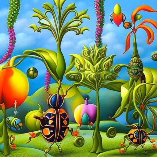 Beetle Goblins and Mind Vines in Naive Art Style