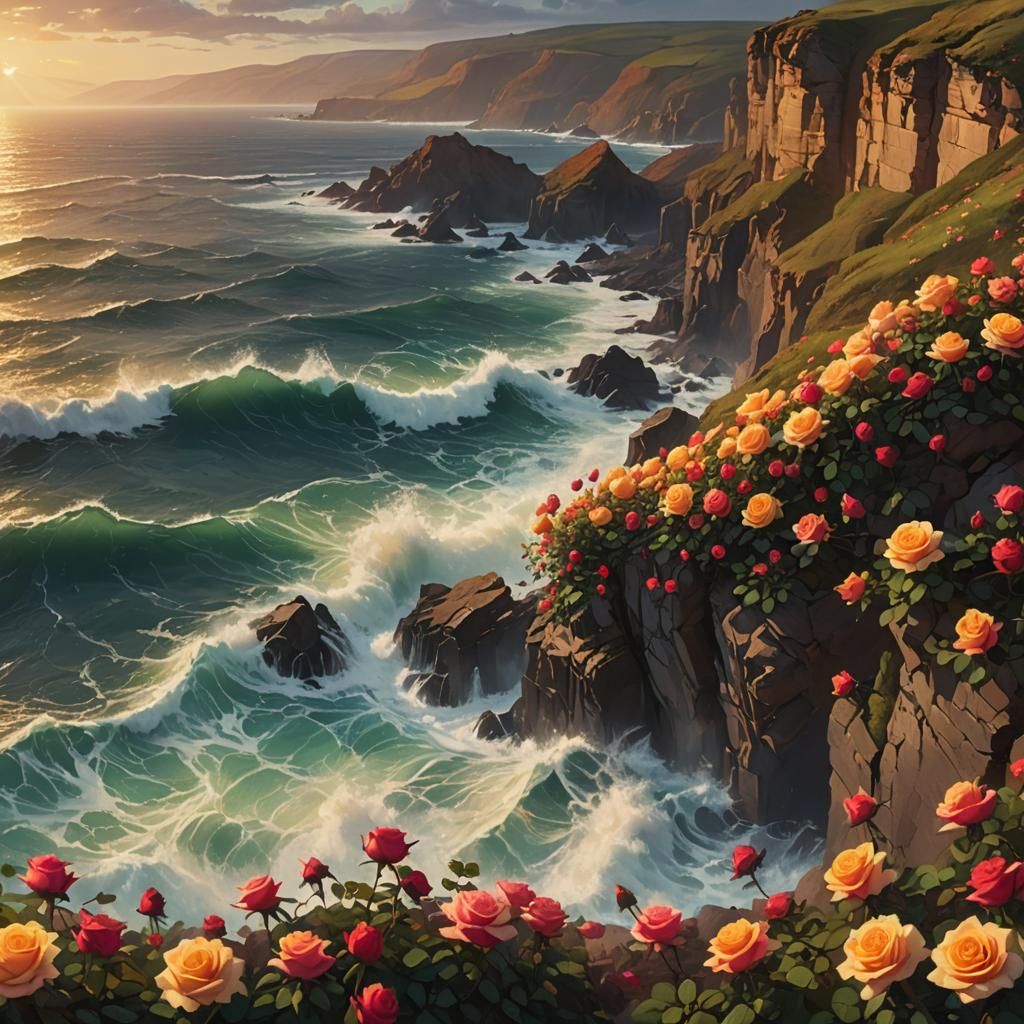 Roses on Cliff Top Overlooking Wild Sea