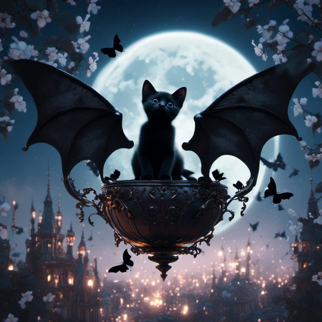 Bat-Winged Kittens Fly by Full Moon in Gothic Art