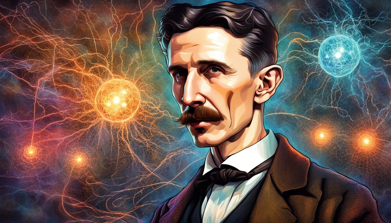Nikola Tesla Portrait with Inventions in Hyperrealistic Styl...