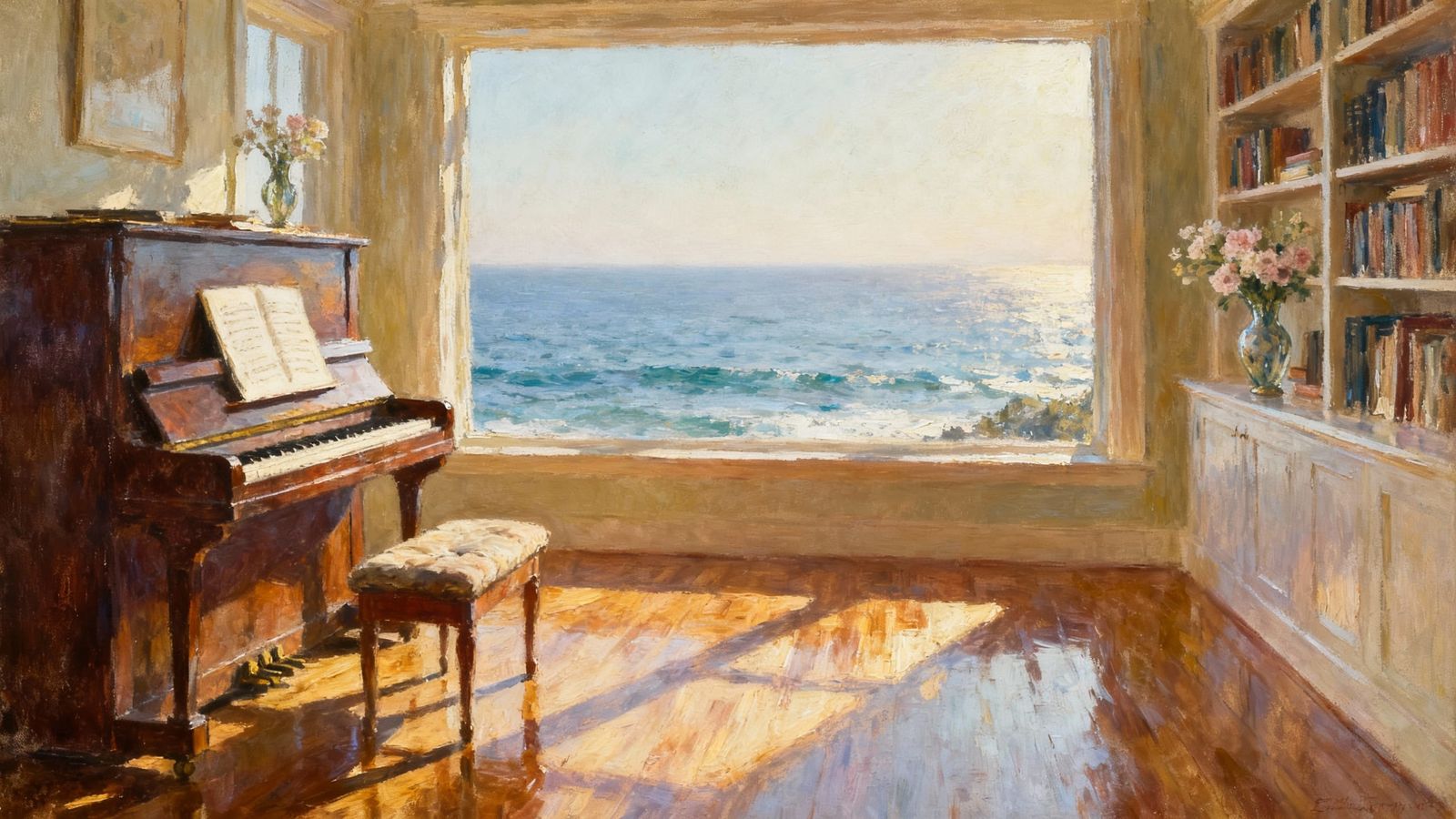 Sunlit Room with Ocean View and Grand Piano