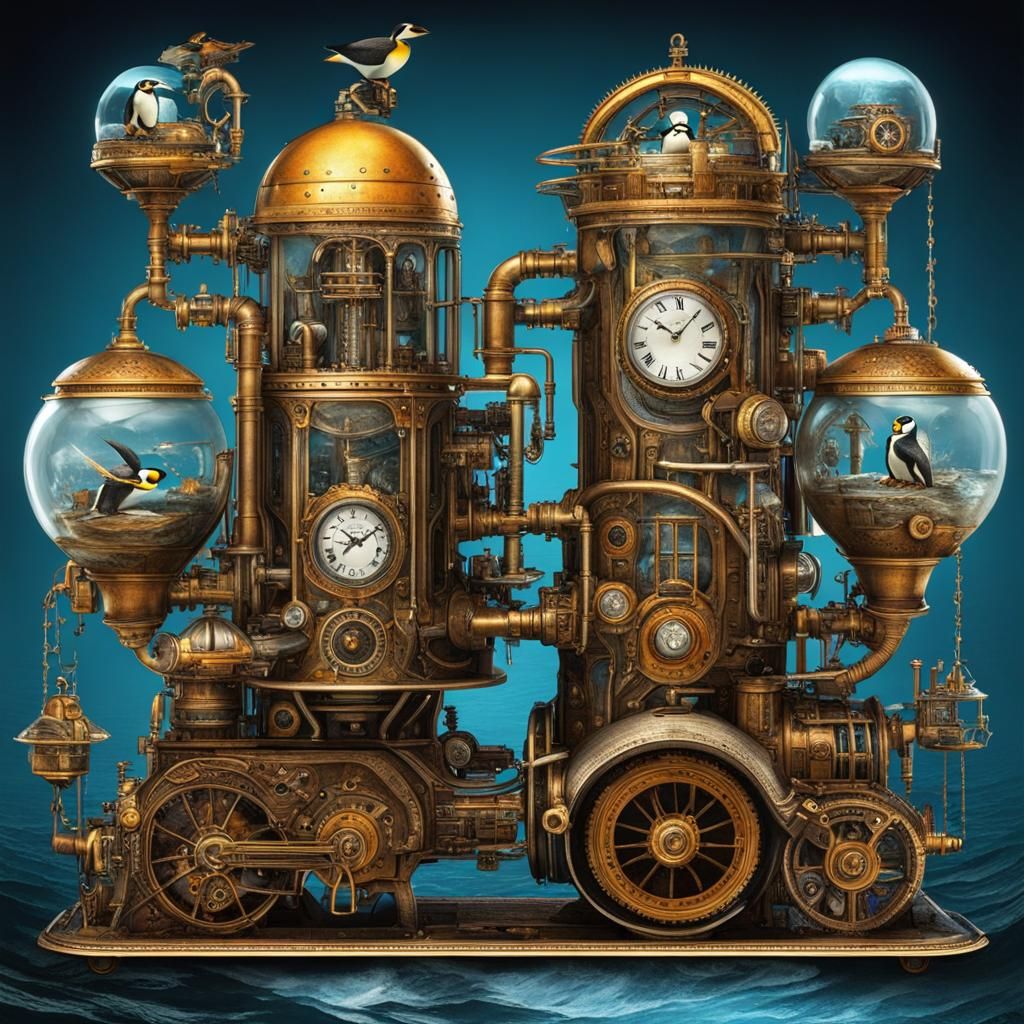 Humorous Steampunk Iceberg Machine with Penguins