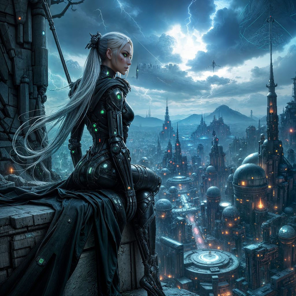 Female Android Overlooking Ruined Future Facility