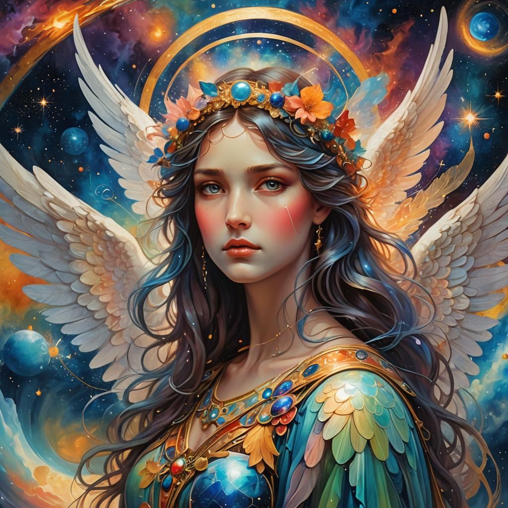 A surrealistic image of iridescent coloured angel holding ea...