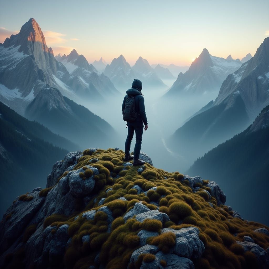 Twilight Hiker Overlooks Enchanted Valley, Epic Alps