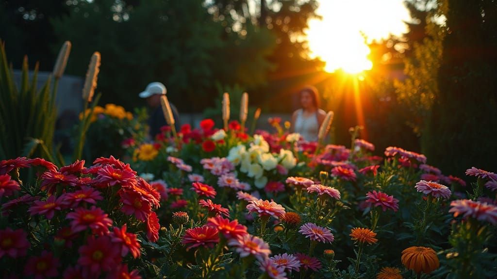 Golden Hour Garden Sunrise with Lush Flowers