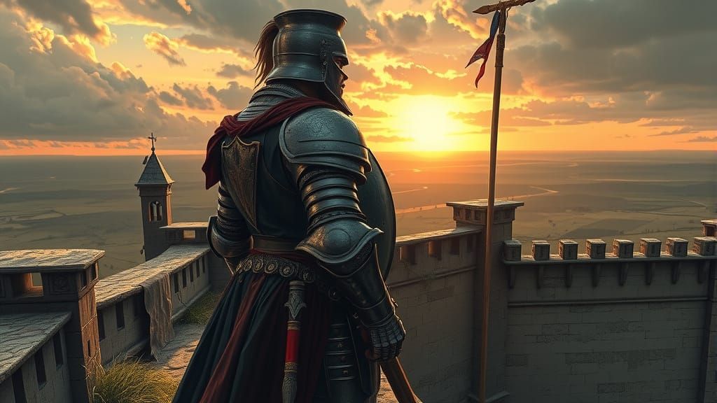 Knight on Battlement at Sunset - Fantasy Concept Art