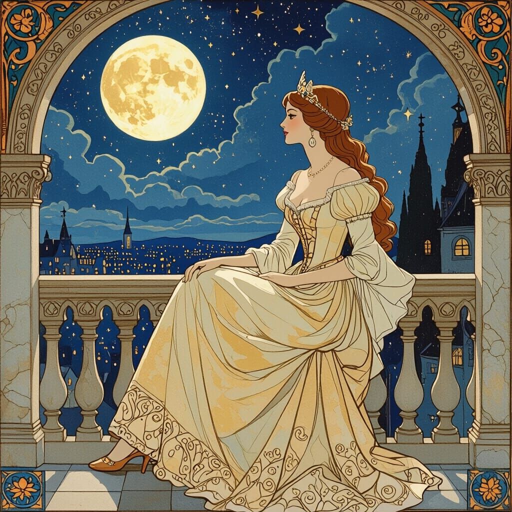 Gothic Princess on Balcony in Moonlight
