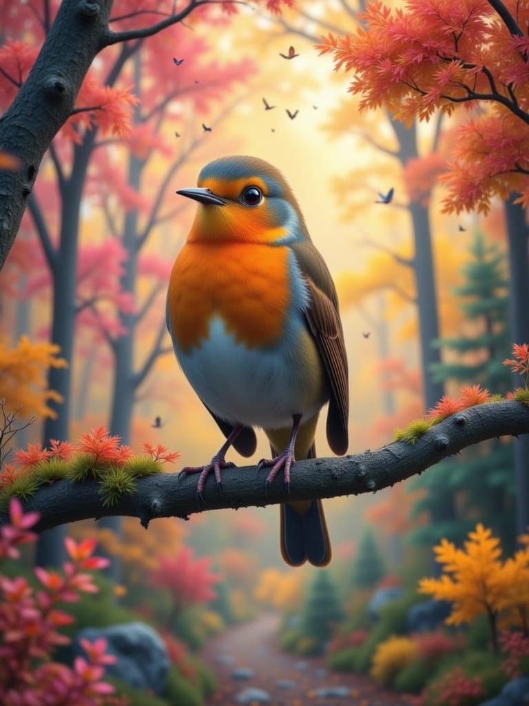 Hyperrealistic Robin in Colorful Fantasy Forest