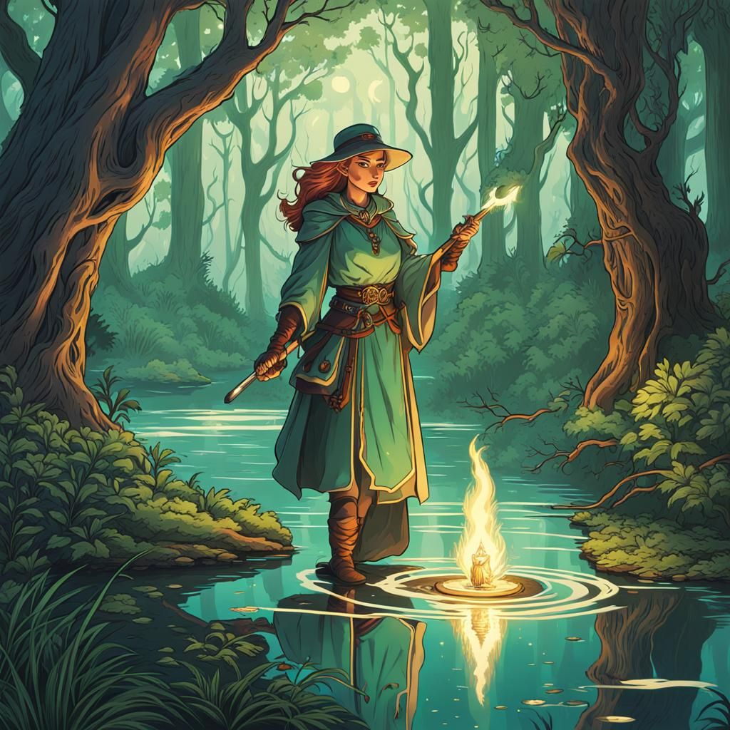 Female Mage Casting Electrical Spell in Retro D&D Style