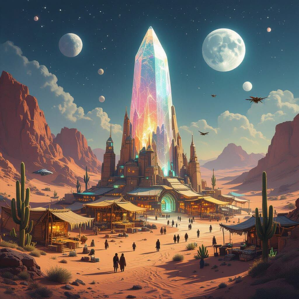 Alien Desert Oasis: Crystal Spire Trade Hub