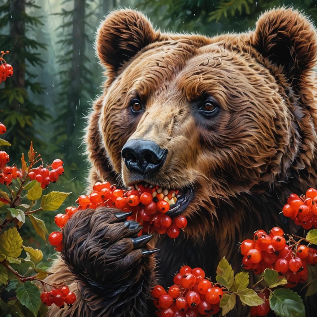 Furry Brown Bear Eating Berries in Airbrush Style