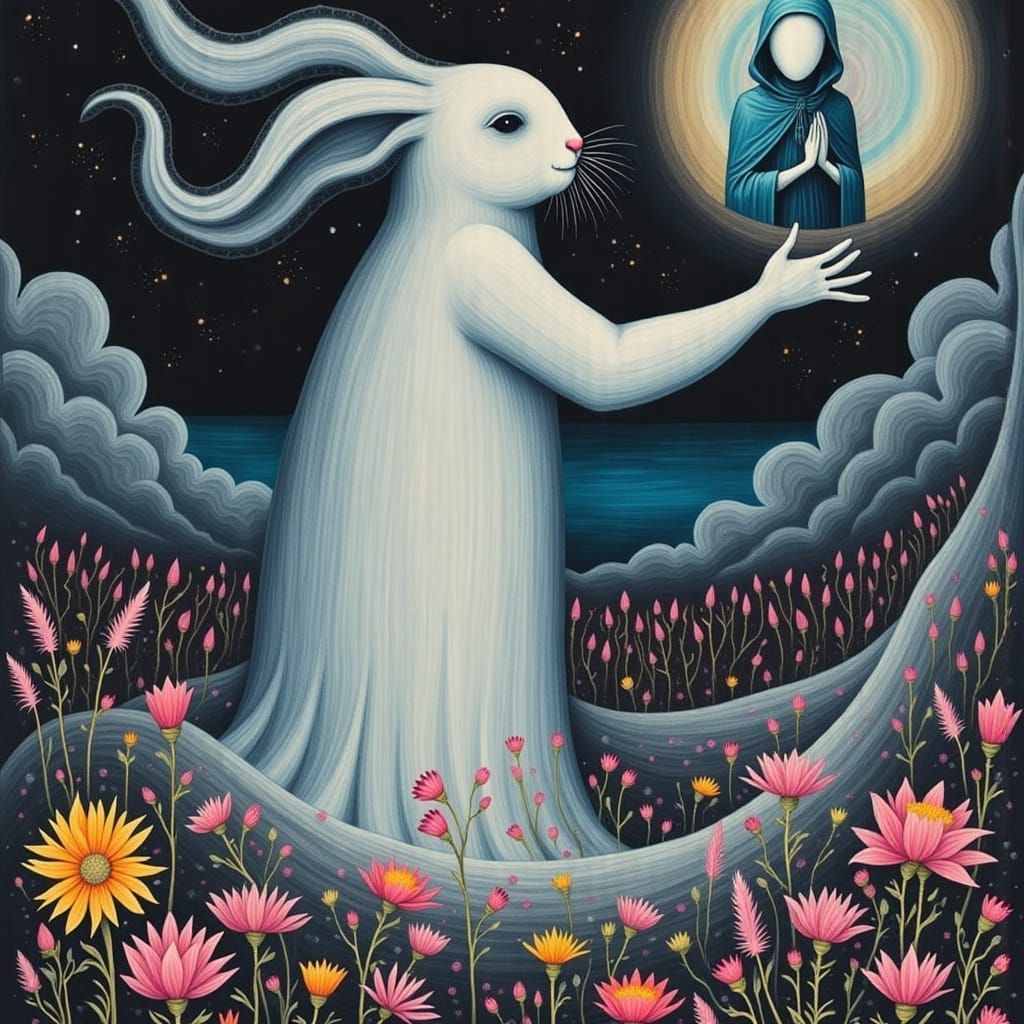 Surreal Dreamscape with Ethereal White Rabbit and Drifting I...