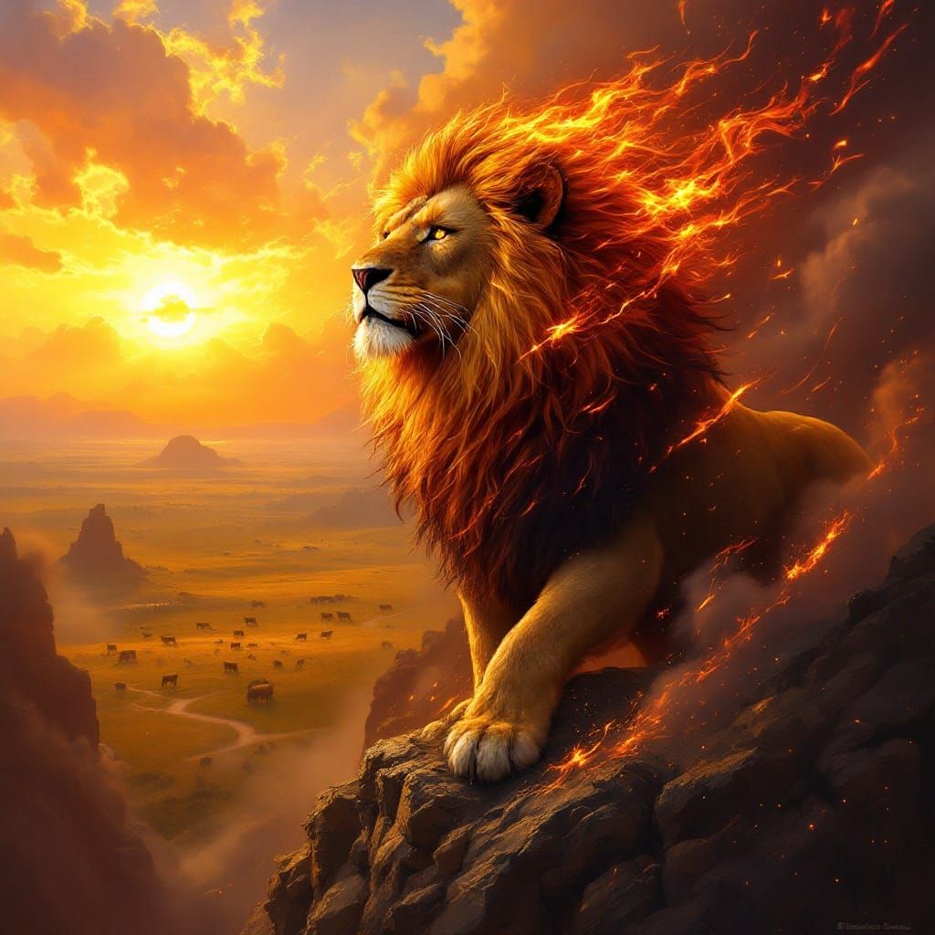 Fiery Lion Overlooking Savanna: Dramatic Oil Painting
