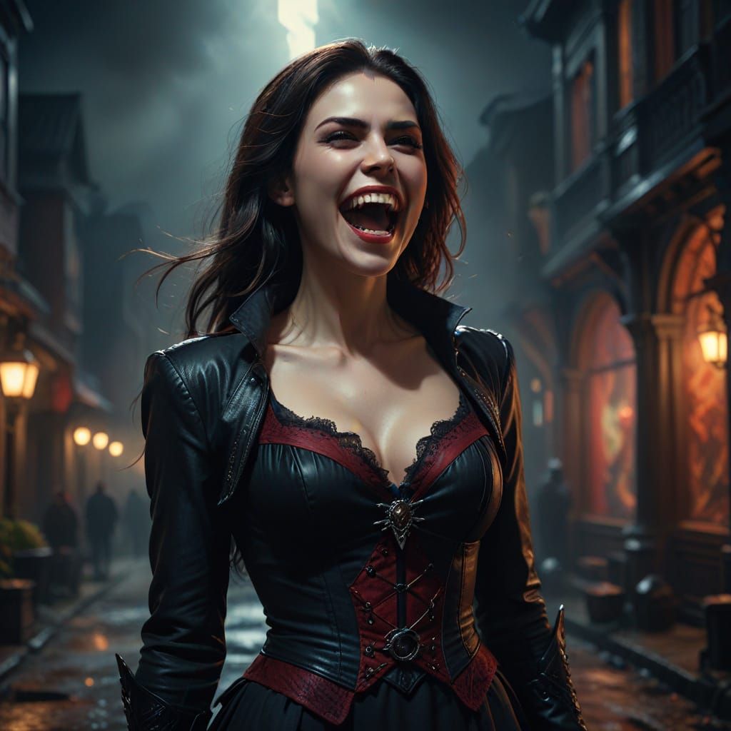 Laughing Vampire Woman with Fangs, Hyperrealistic Splash Art