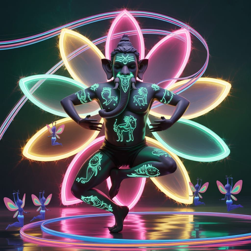 Eerie Ganesh with Fluorescent Tattoos in Black Light