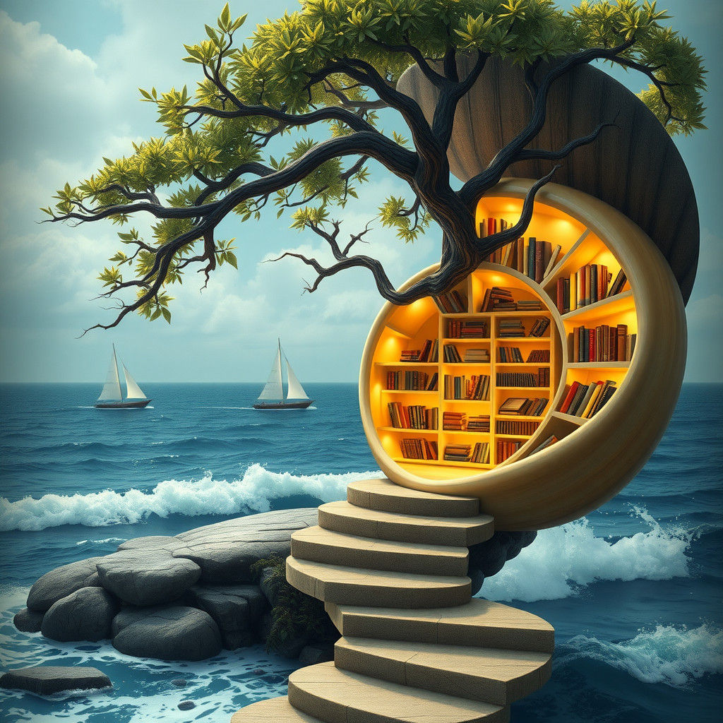 Nautilus Shell Library with Tree Bookshelf