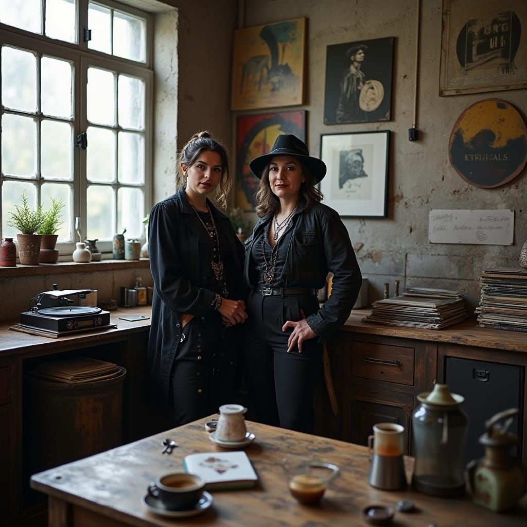 Gothic-Bohemian Couple in Eclectic Loft, Whimsical Art Style