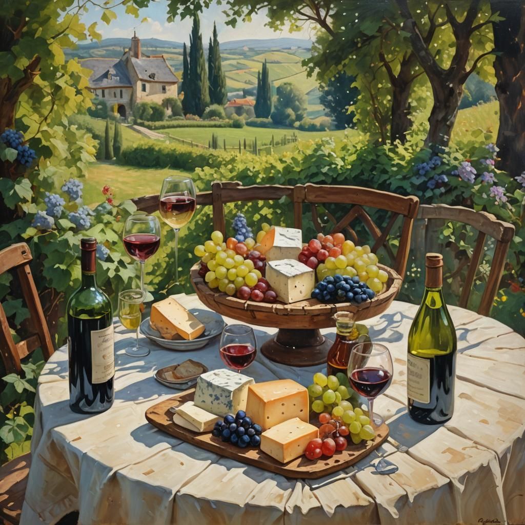 Vintage Garden Table with Wine: Oil Painting