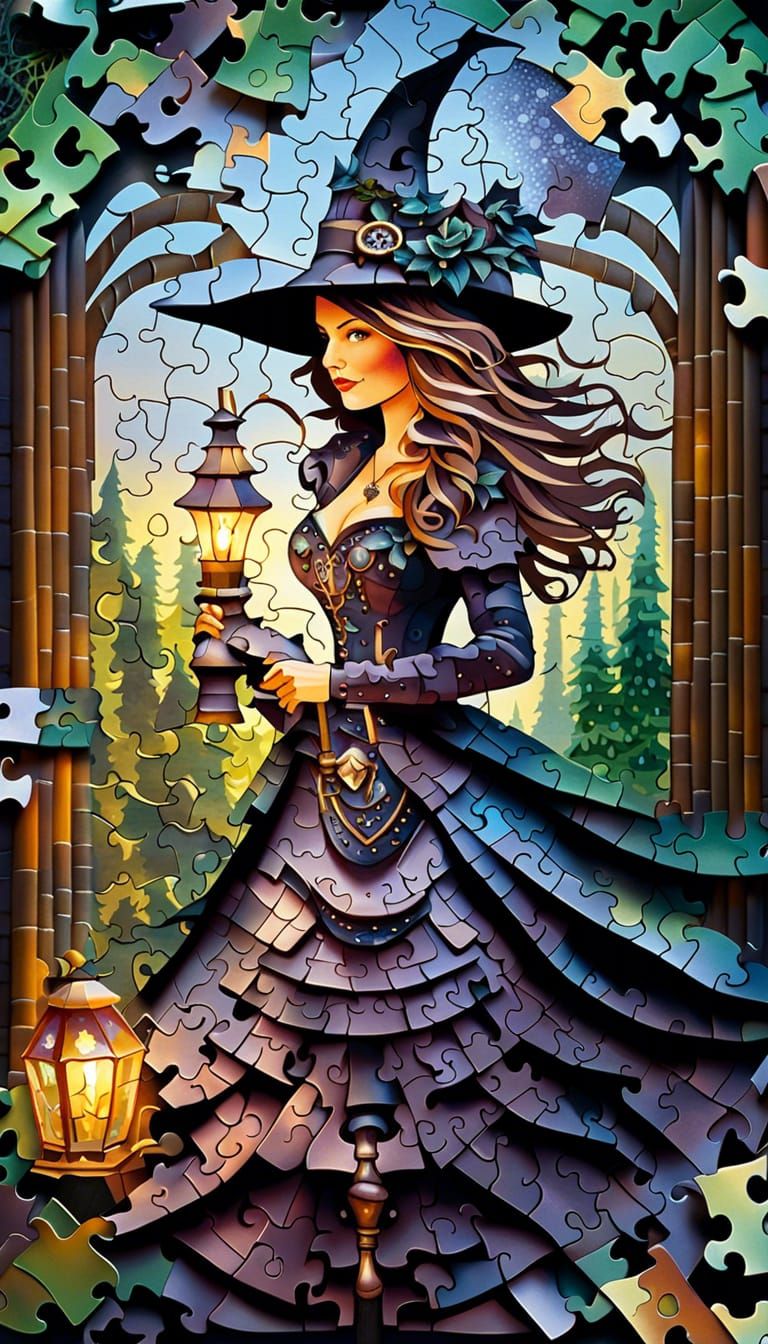 Steampunk Witch in Enchanted Forest Puzzle Art