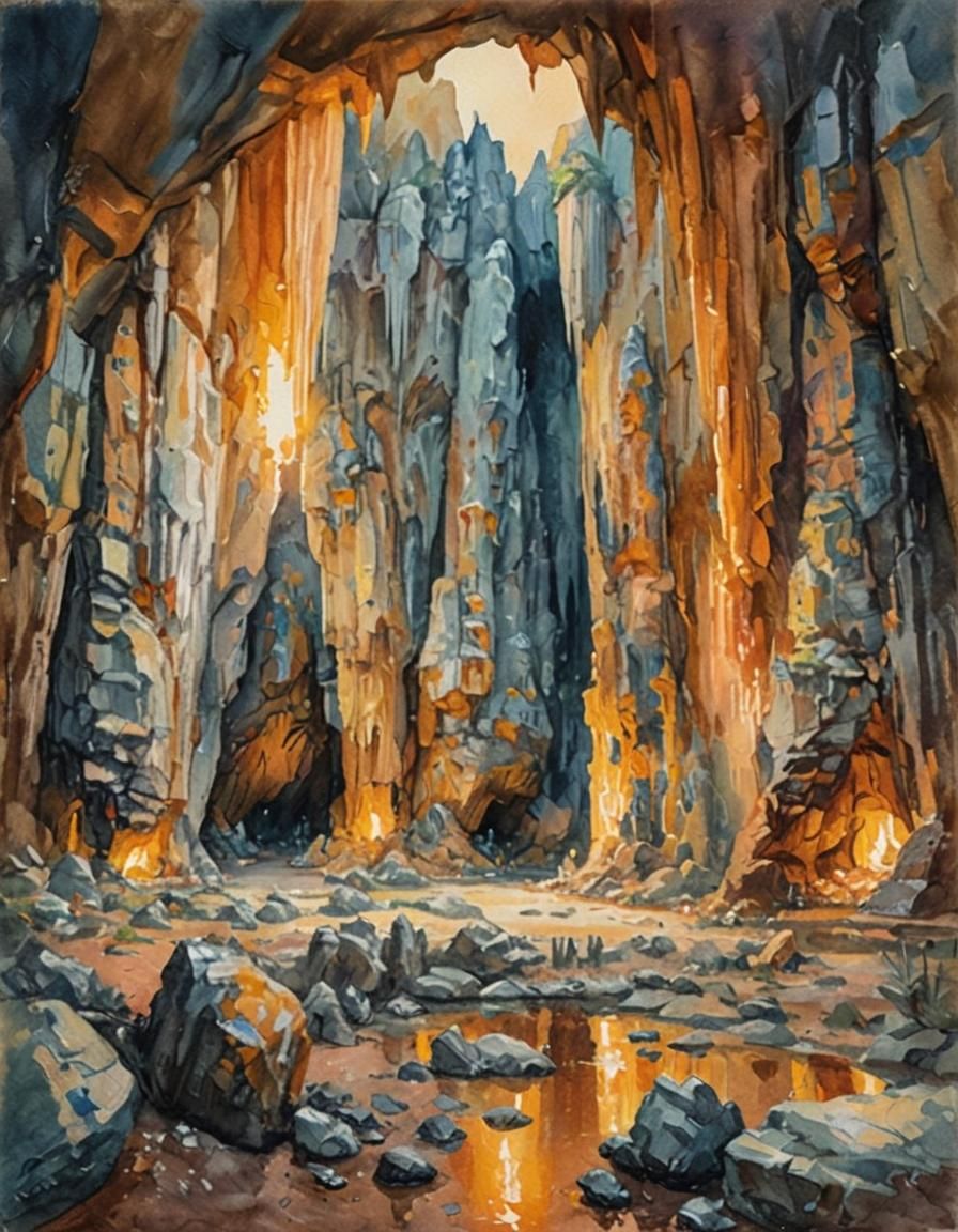Impressionist Cave with Golden Light: Gouache Watercolor
